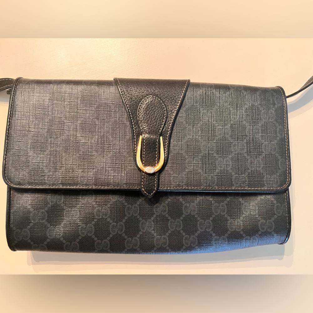 Vintage GUCCI Accessory Collection Black Canvas Leather Crossbody Shoulder Bag